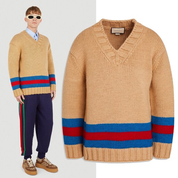 GUCCI MENS SWEATER STRIPED MOHAIR WOOL BLEND WEB STRIPE MOTIF sz M MEDIUM